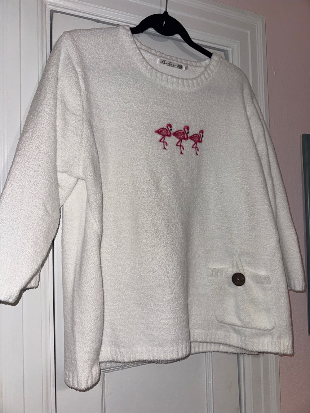 Lulu-B White Crewneck Sweater with Pink Flamingo Embroidery